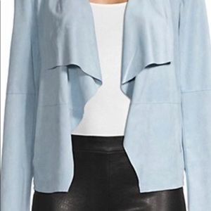 BAGATELLE DRAPE OPEN FRONT JACKET,  Faux Leather size Medium, Blue